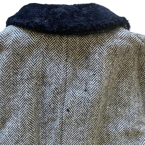 Zero King 100% Virgin Wool Coat 44L | Herringbone Faux Fur Collar Vintage - Picture 5 of 10